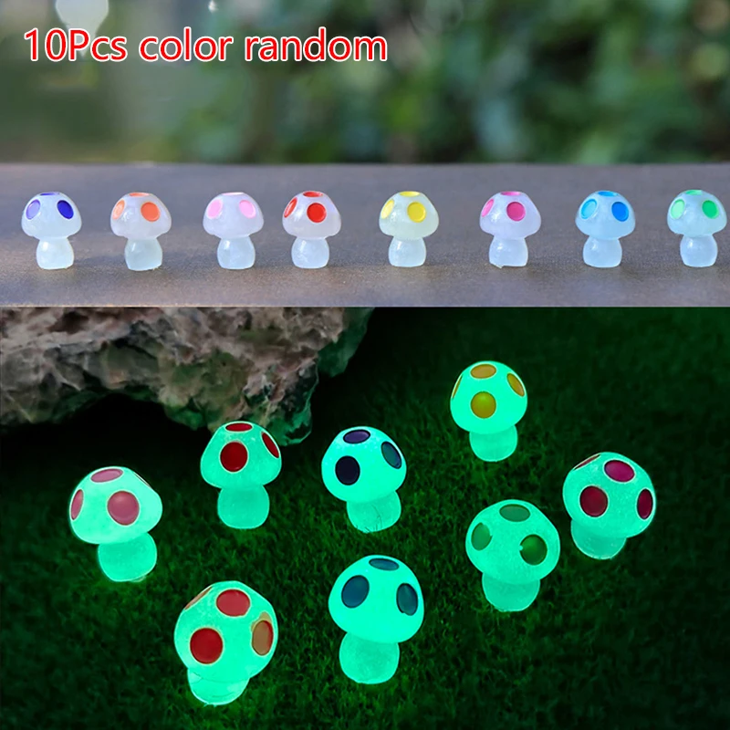 

10PCS Colorful Glowing Tiny Mushrooms Mini Figurines Miniature Mushroom Statue Decor For Glowing In the dark Ornament