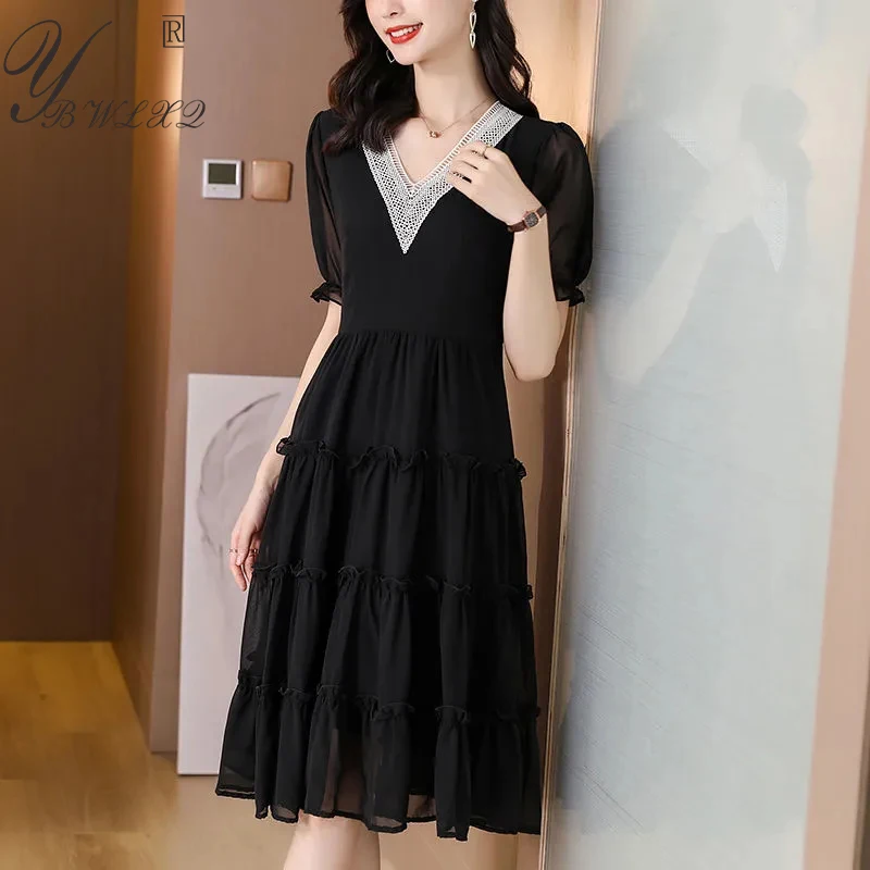 

Black Chiffon A-Line Folds Dresses Summer V-Neck Loose Casual Mom Comfort Dress Plus Size Women Fashion Elegant Flowy Dress