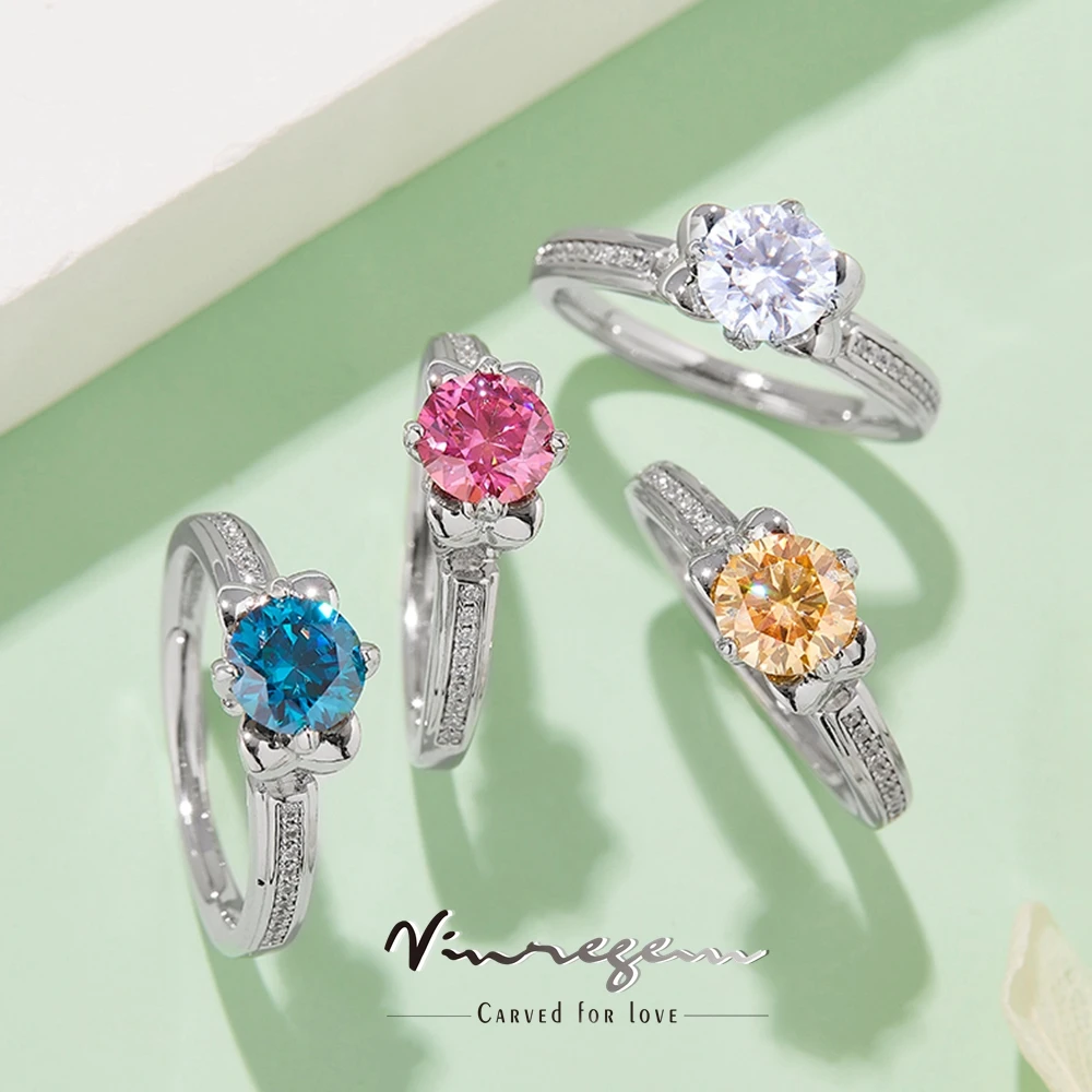 

Vinregem 925 Sterling Silver 18K White Gold 1CT Colorful Moissanite Pass Test Diamond Wedding Ring for Women Gifts Drop Shipping