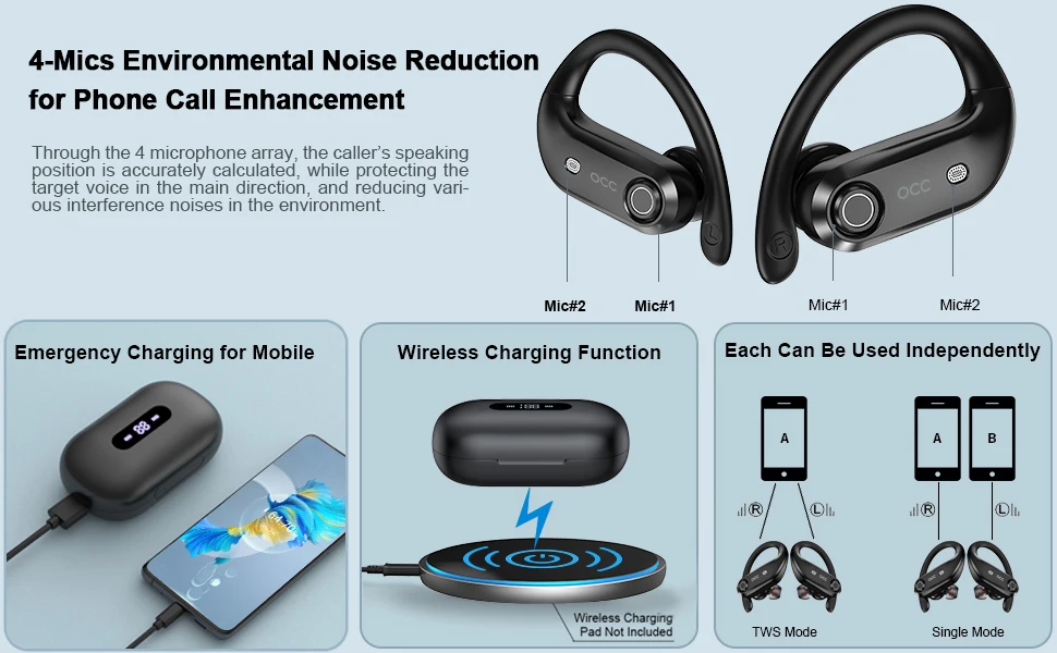TWS Bluetooth Earbuds with 4Mic 64Hrs Wireless Charging Box Noise Cancelling Bass Stereo Earphone IPX7 Waterproof Sports Headset enlarge