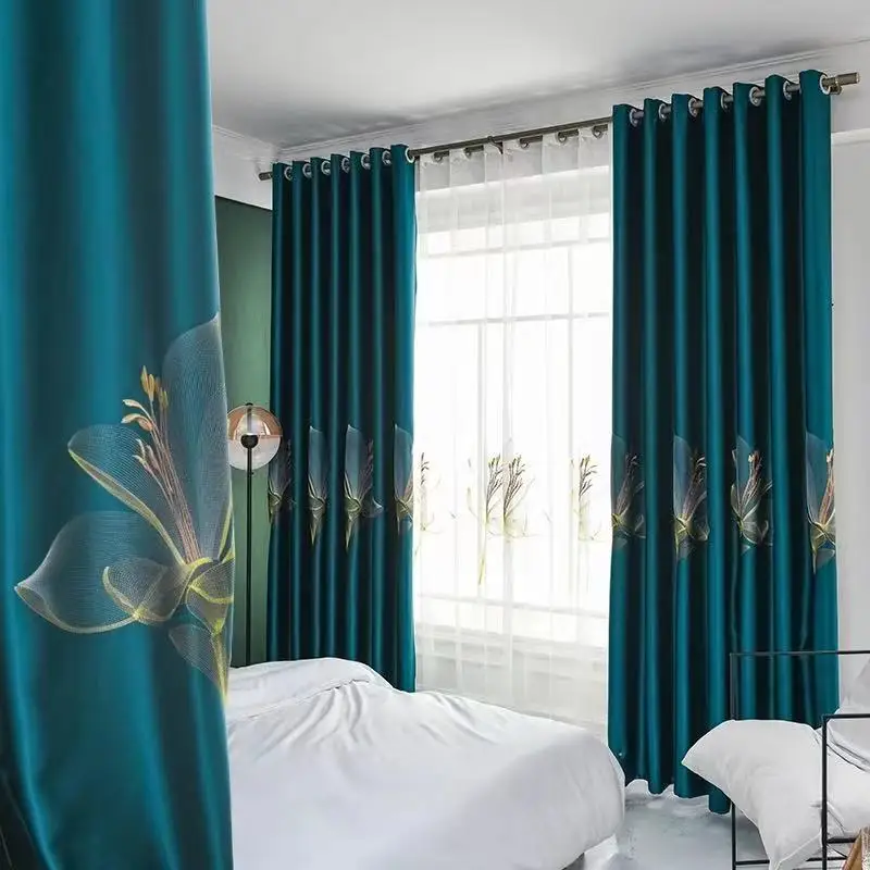 

Chinese Luxury Plain Embroidered Curtains for Living Room Blackout Satin Lily Embroidered Dining Room Bedroom Green Grey Blue