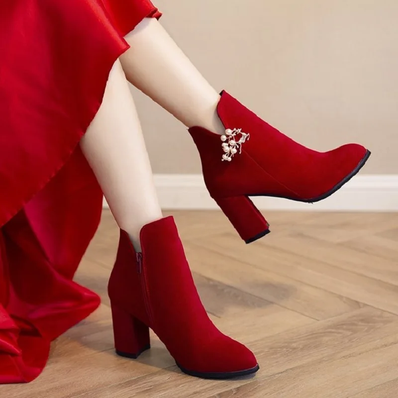 2022 Fashion Red Fashion Boots 35-40 Women's Shoes High Heel 7cm Sexy Pointed Women's Fashion Boots