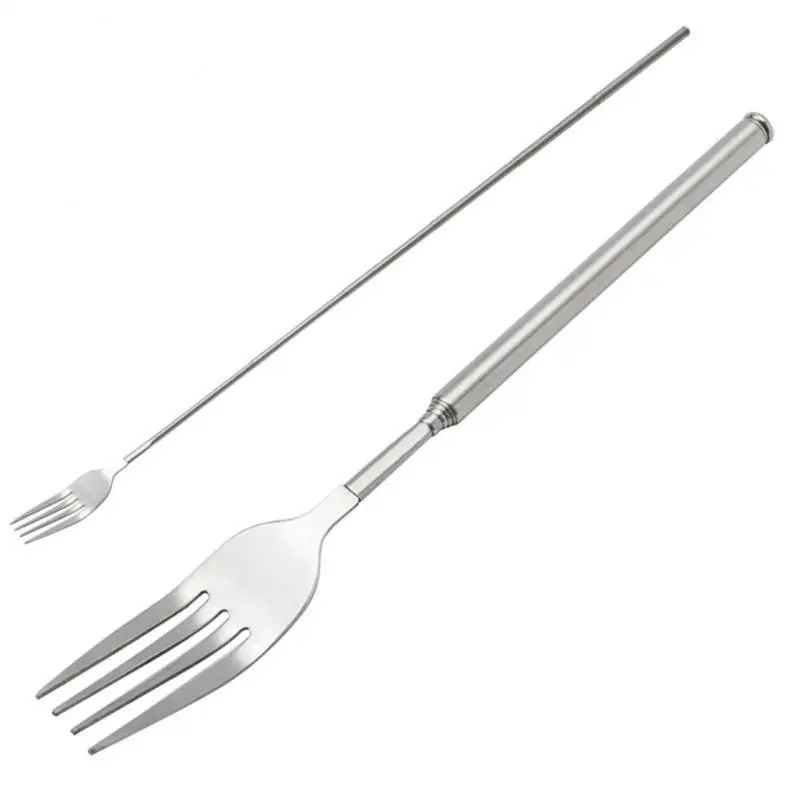 

New Stainless Steel Fork BBQ Telescopic Extendable Dinner Fruit Dessert Dinnerware Tool Long Handle Fork Stainless Steel Cutlery