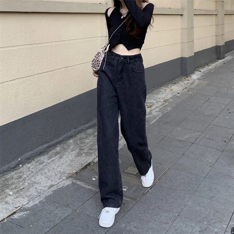 

N6381 The new slim straight high waist mopping daddy pants loose wide-leg pants jeans