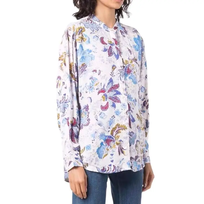 

isb 2021 spring autumn new shirt fashion invisible button floral silk shirt top