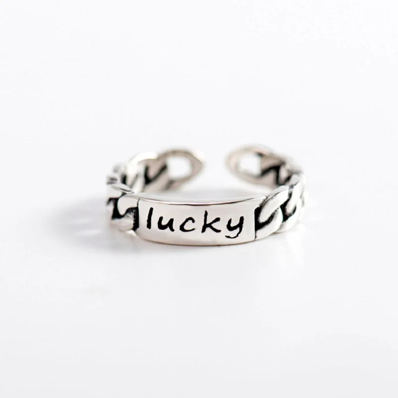 

TULX Vintage Silver Color Open Rings For Women Creative Letter Lucky Chain Ring Party Hollow Adjustable Punk Jewelry Gifts
