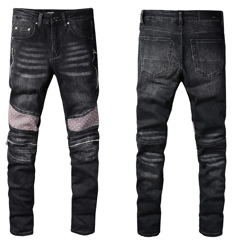 

Motorcycle Pants Hip Hop Jean Men Patchwork Stacked Jean Mens Jeans Skinny Black Fashion Streetwear Zipper Jeans For Men