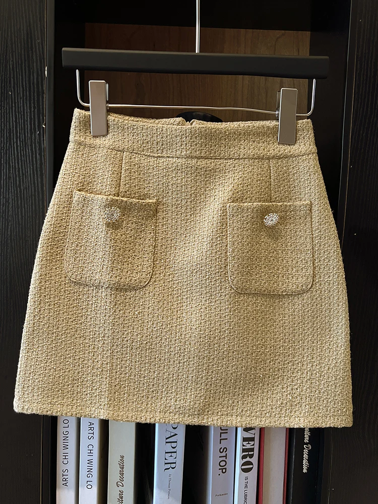 QOERLIN Твидовые мини-юбки женские с высокой талией на молнии сзади короткие юбки 2024