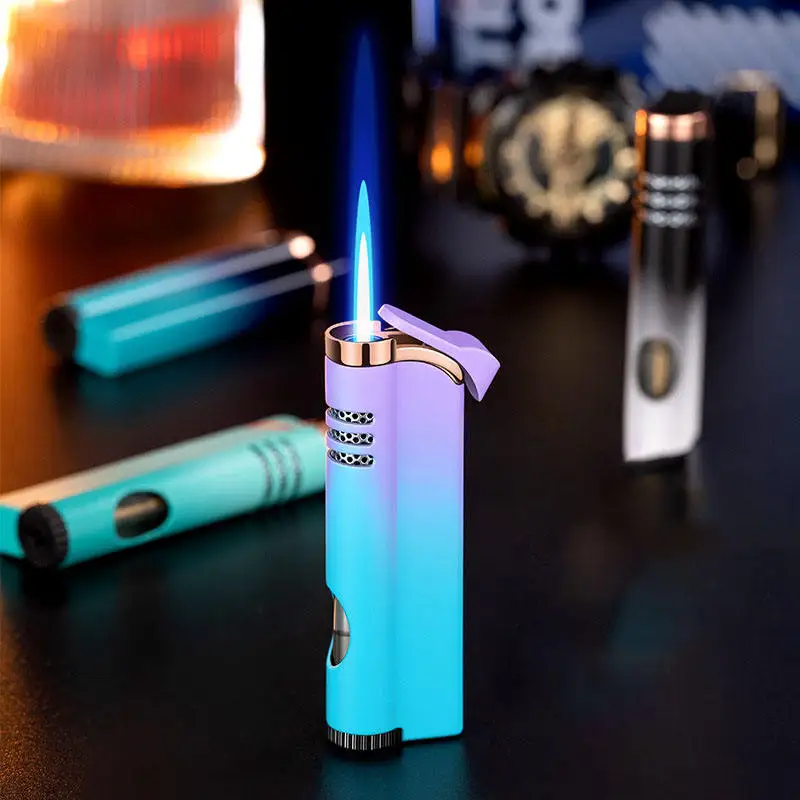 2023 New Design Blue Flame Windproof Lighter Metal Gradient Color Cigarette Lighter Butane Gas Refilled