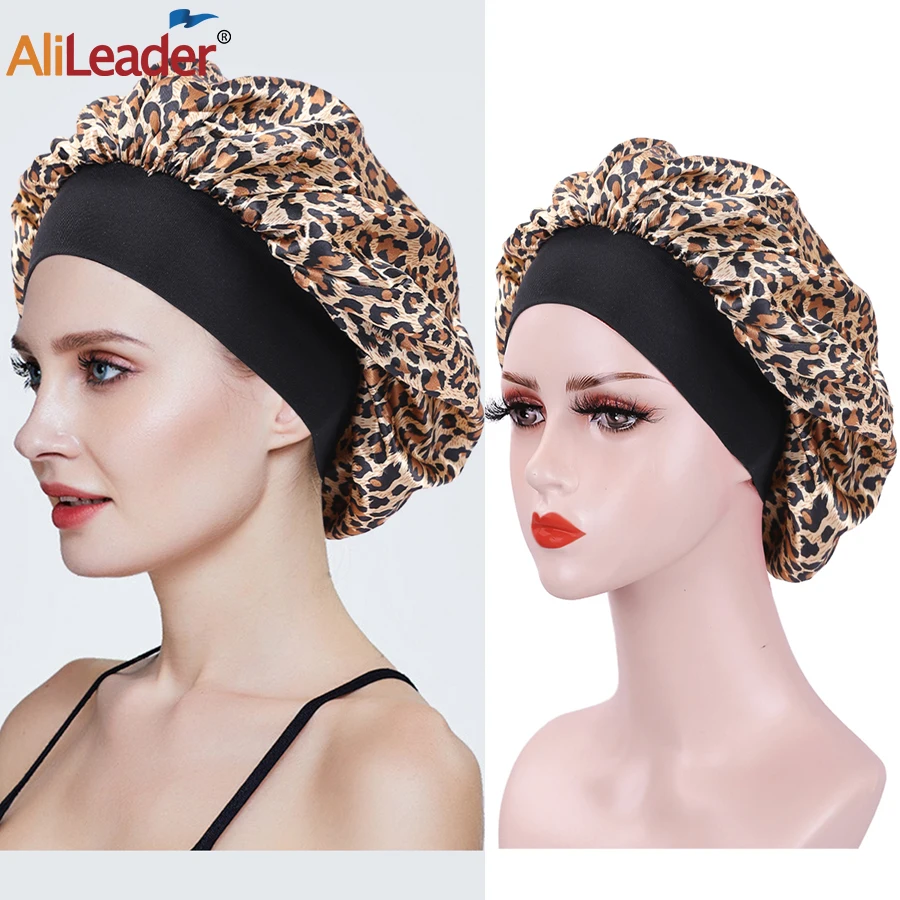 

Leopard Satin Silk Bonnet Sleep Cap Jumbo Cap Salon Bonnet Head Hair With Elastic Wide Band For Women Long Natural Hair Braids