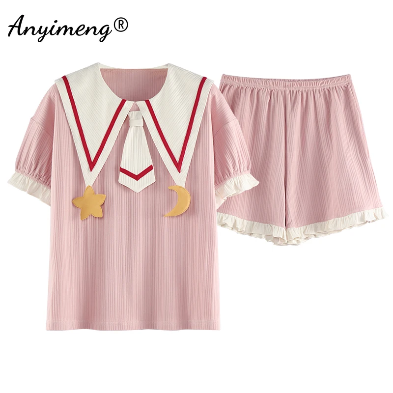 

Пижама Хлопковая женская Kawaii, комплект из двух предметов, с круглым вырезом