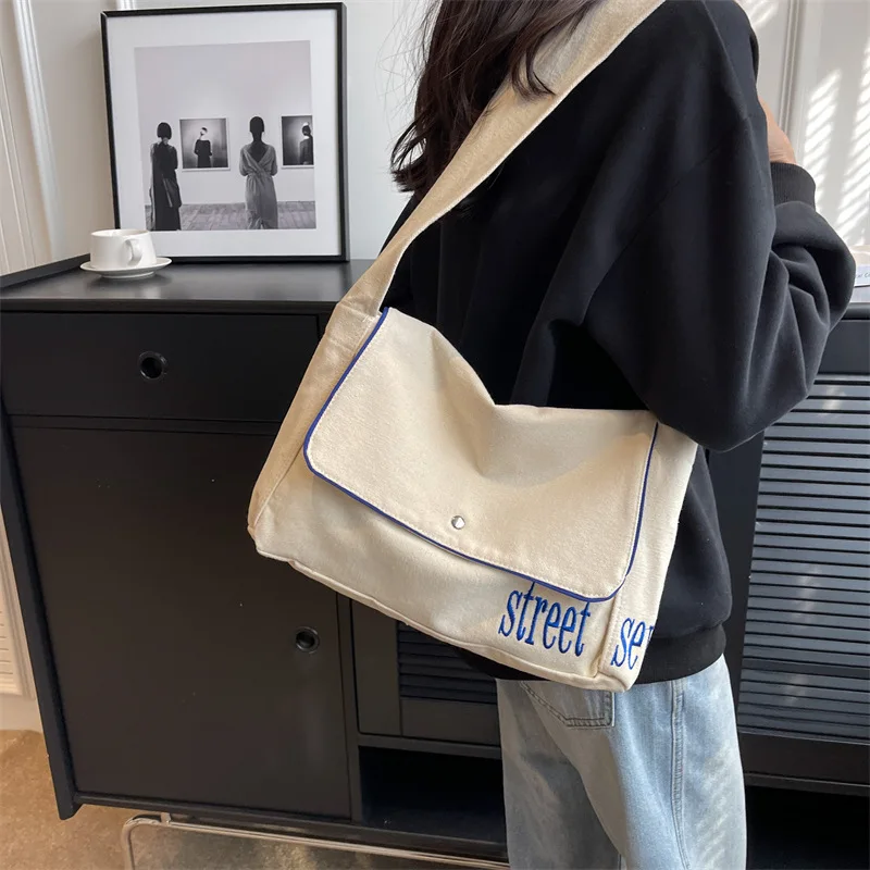 

White Canvas Tote Bags for Women Multi-pocket Handbag Messenger Bag Large Capacity Women's Crossbody Bag Shoulder Bag School Bag