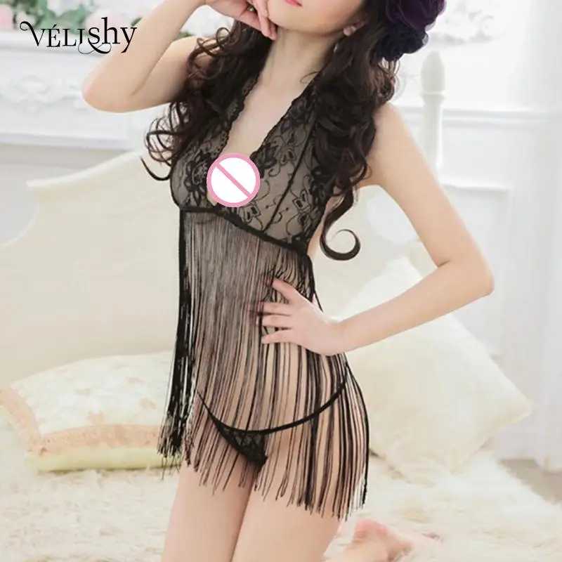 

Женское сексуальное эротическое нижнее белье с бахромой, однотонные черные прозрачные костюмы, нижнее белье, новинка 2022, Женское ночное бел...