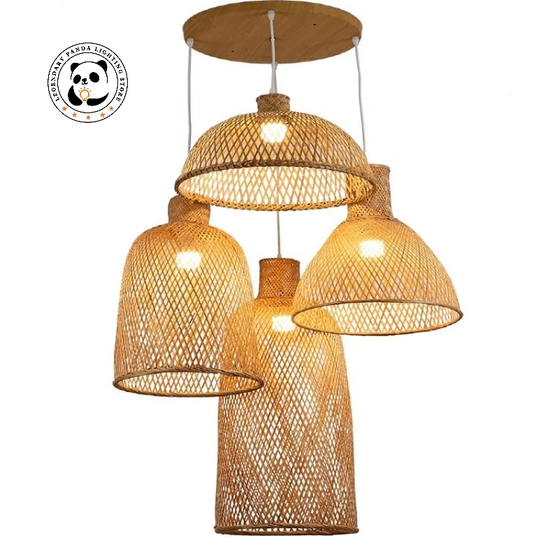 

3 Combinations Modern Hand Knitted Bamboo Rattan Pendant Lights Weaving Hanging Lamp Wicker Lampshades Loft Ceiling Chandeliers