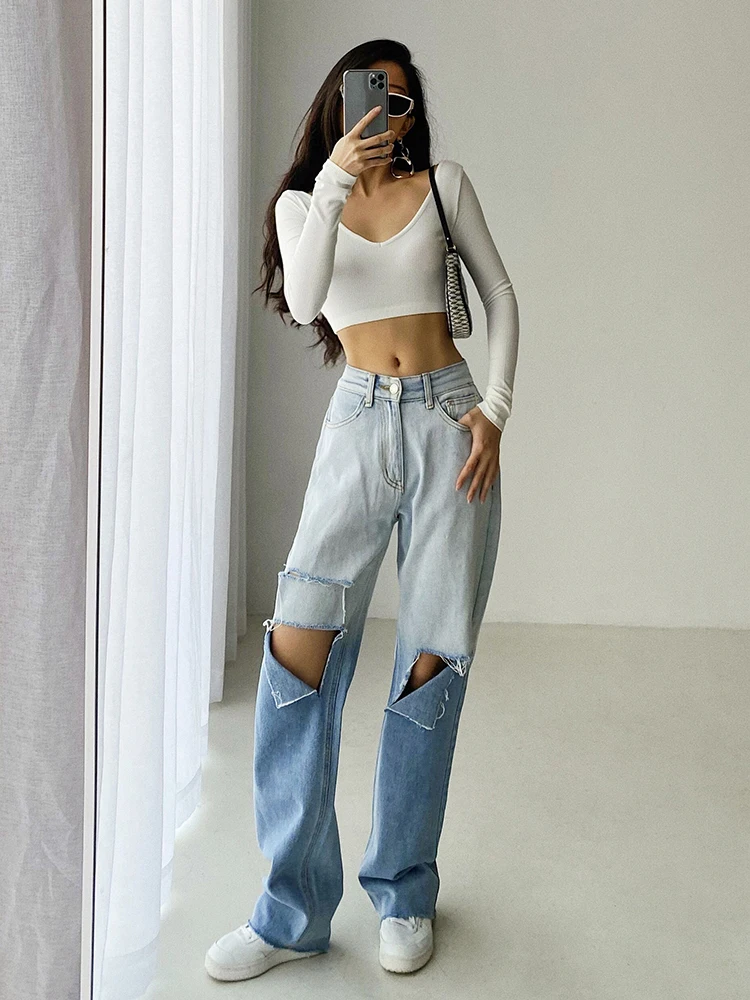 

2022 Hole High Waist Loose Gradient Jeans Women Fashion Casual Straight Pants Chic Color Block Washed Vintage Trousers
