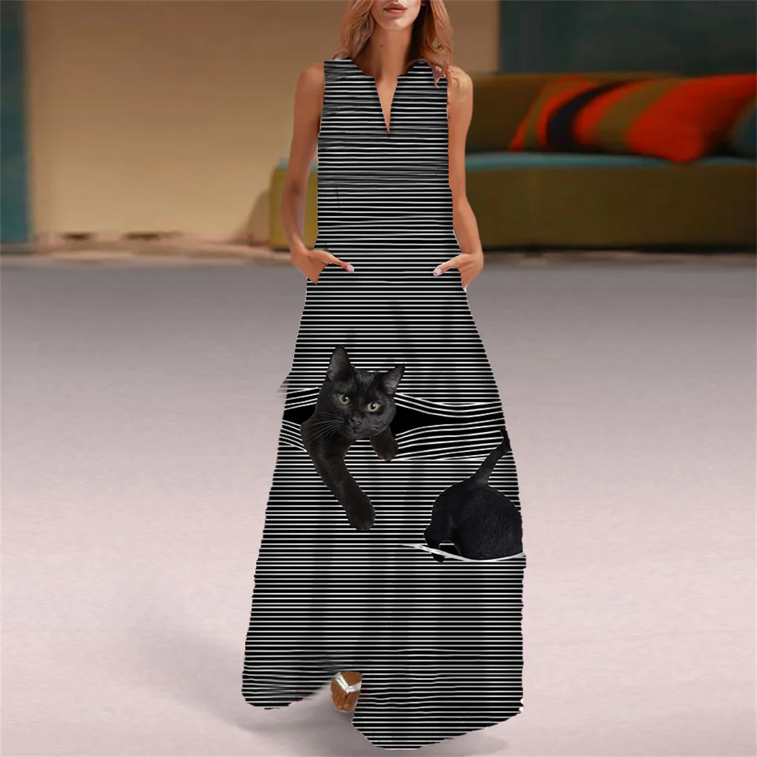 Сарафан с V-образным вырезом женское летнее Мини-Платье милым котом и цветами