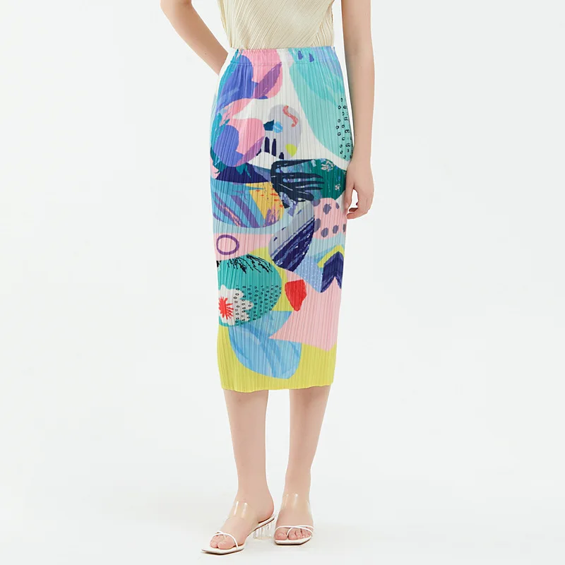 

Miyake summer new women's clothing design sense pleated a-line hip skirt is thin and temperament printed skirt women