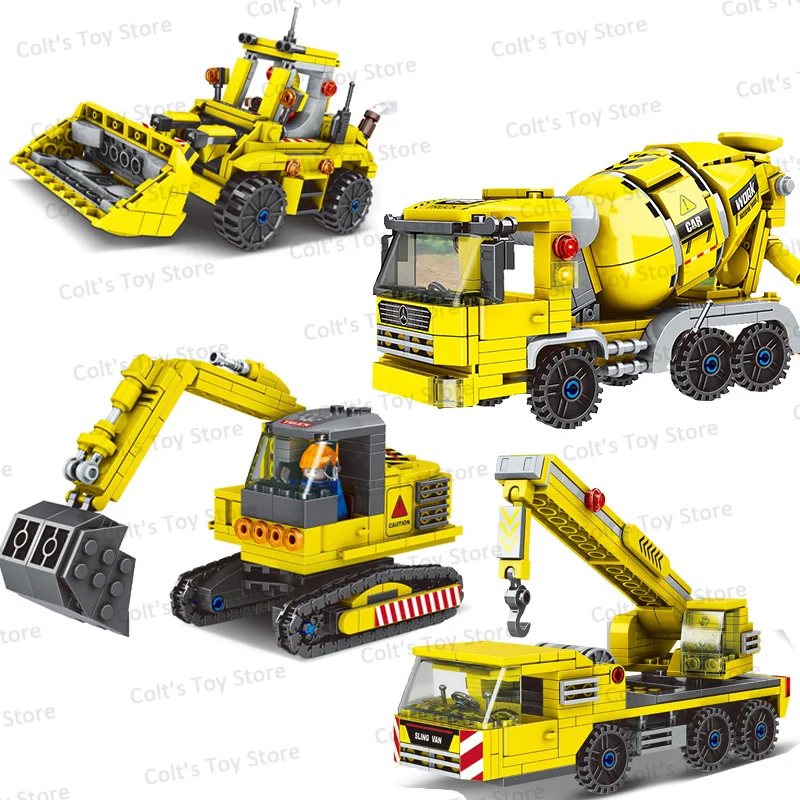 

City Building Engineering Excavator Crane Concrete Mixer Loader Trucks Car Model Sets DIY Assembly Bricks Figure Kids Toys Gifts