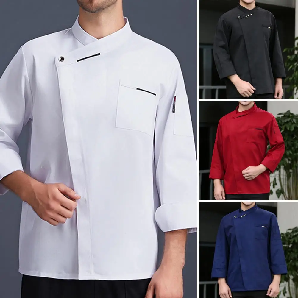 

Chef Uniform Short Sleeves Asymmetric Hidden Placket Button-breasted Stain-resistant Sweat-wicking Breathable Waiter Shirt Baker