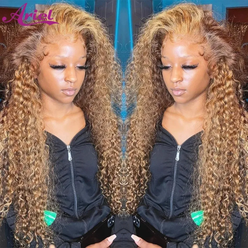 

Highlight Wig Human Hair Ombre Honey Blonde Kinky Curly 13x6 HD Transparent Lace Front Wig Deep Curly Lace Front Human Hair Wig