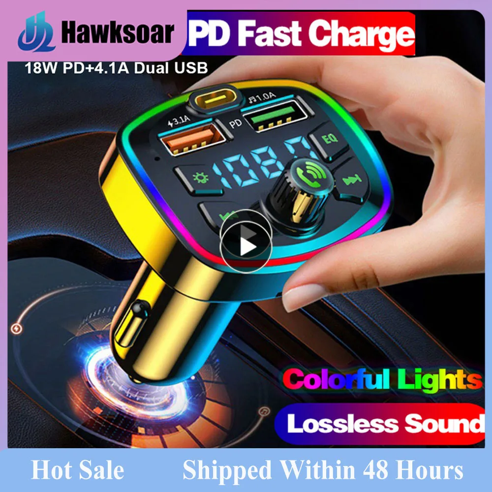 

Car Bluetooth 5.0 FM Transmitter PD 18W Type-C Dual USB 4.2A Fast Charger LED Backlit Atmosphere Light MP3 Player Lossless Music