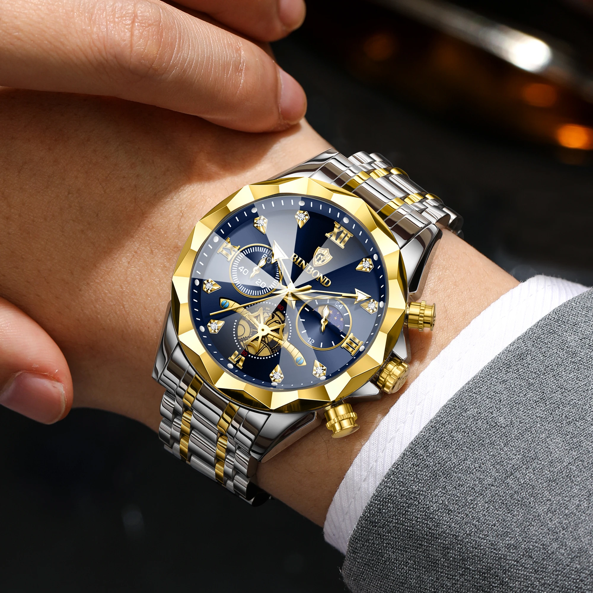 Фото Мужские кварцевые часы BINBOND Chronograph класса люкс: прочные, светящиеся, водонепроницаемые, с точным секундомером. Идеально для дропшиппинга. №3
