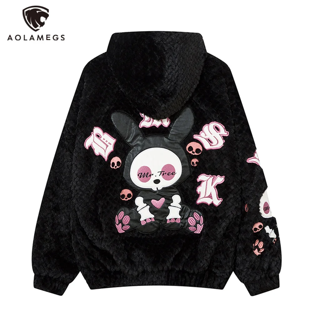 

Men Hooded Knitting Jacket Hip Hop Winter Fleece Jacket Coats Cute Rabbit Print Zip Up Coat Streetwear Casual Harajuku Outerwear