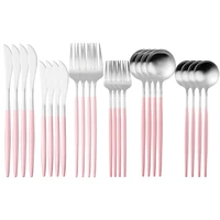pink silver matte cutlery set stainless steel dinnerware silverware flatware set dinner 24pcs knife fork spoon tableware set