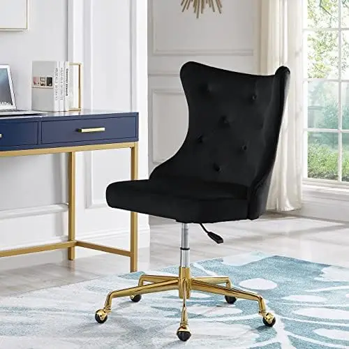 

Upholstered Tufted Button Home Office Chair with Golden Metal Base,Adjustable Desk Chair Swivel Office Chair - 7081-Black