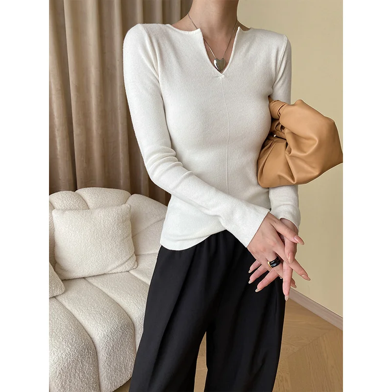 

Women's V Neck Knit Fit Slim Long Sleeve Basic Tops Fall T Shirts White Black Gray Pink Blue Beige