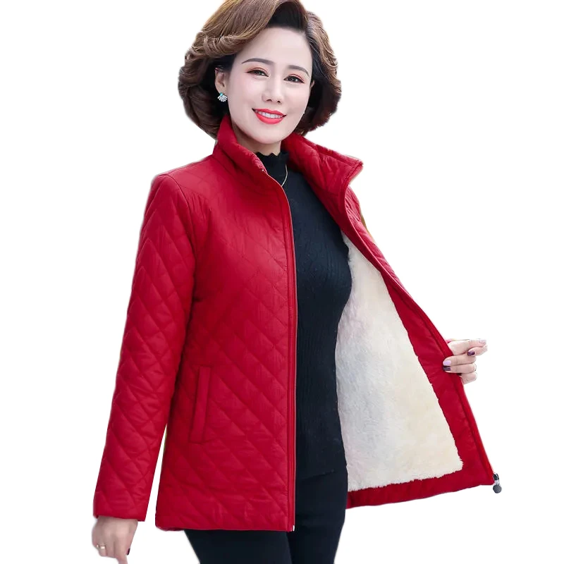 Enlarge Autumn Winter Jacket Women 2023 New Solid Plus Velvet Cotton Padded Coat Thin Short Jacket Middle-aged Female Tops