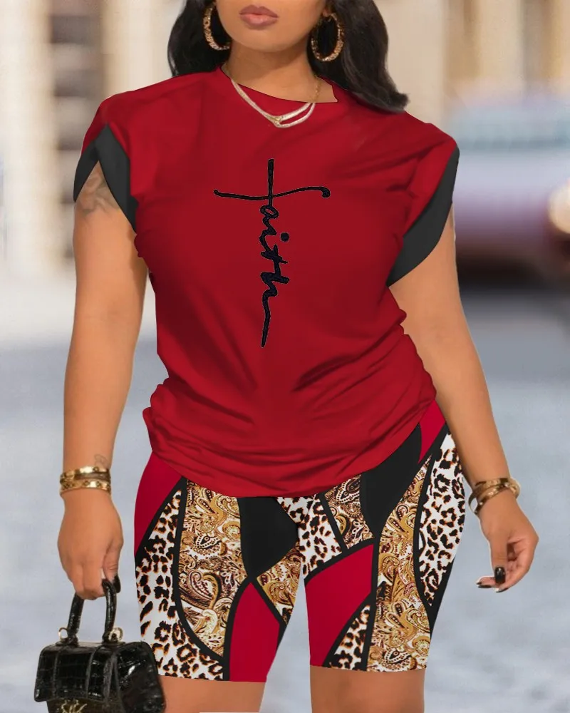 Casual Two Pieces Set Women Outfit Summer Fashion Letter Printed O Neck Short Sleeve T Shirt Top Shorts Suit Female Tracksuit