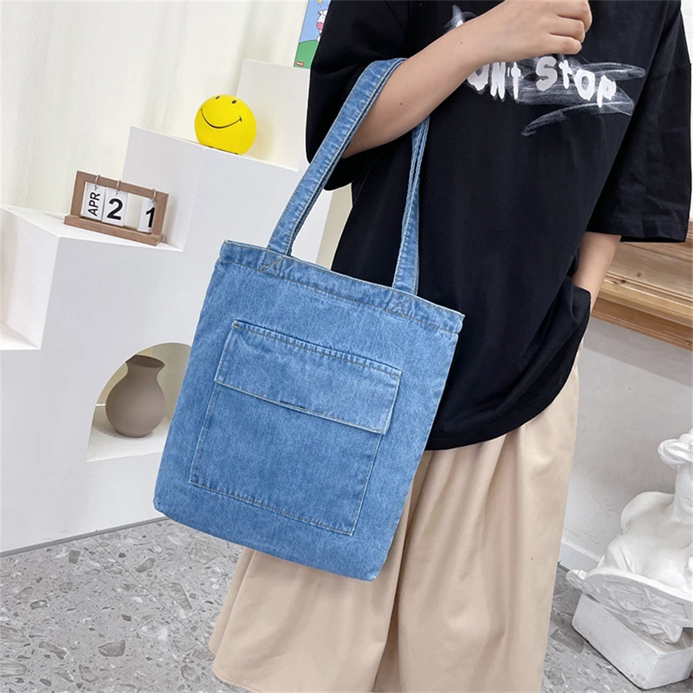 

2022 Large Capacity Women Shoulder Bags Wild Casual Handbag Street Canvas Denim Shoulder Bag Solid Color Zipper Shopping Bag