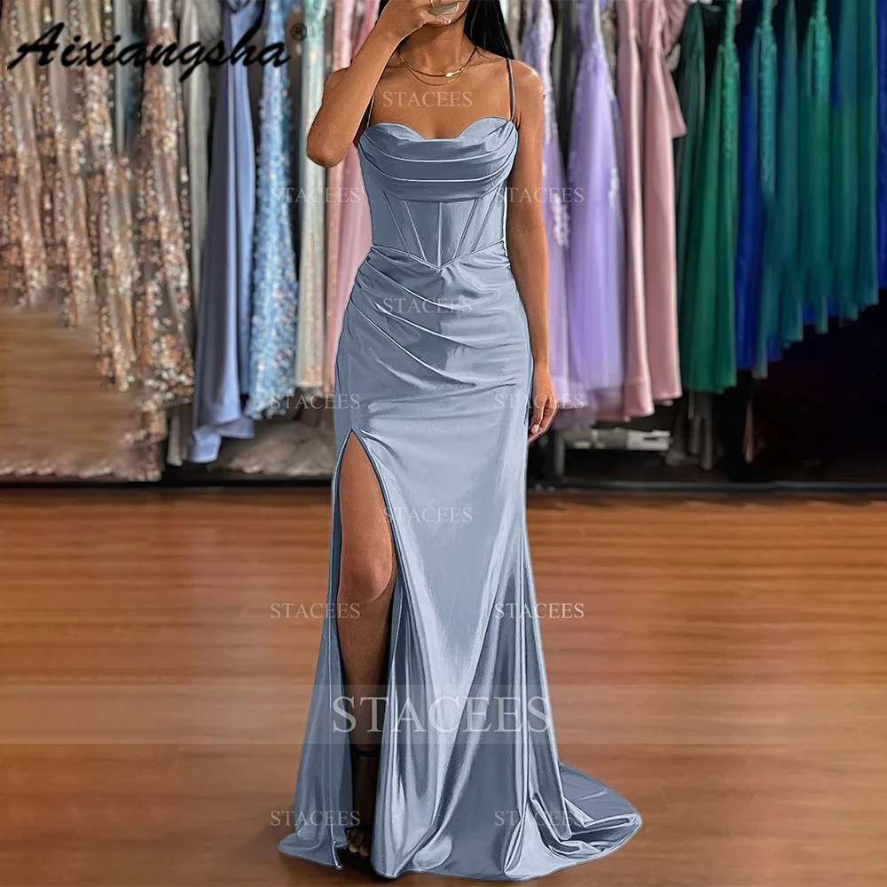 

Женское атласное платье Aixiangsha, шелковое платье со шлейфом, без рукавов, со складками и разрезом, для выпускного вечера