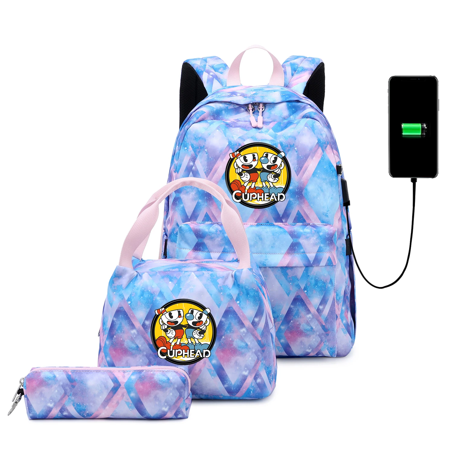 

New 3pcs/set Cuphead Mugman School Bags For Teenager Boys Girls Cartoon Game USB Charging Backpack Mochila Student Book Bag Set