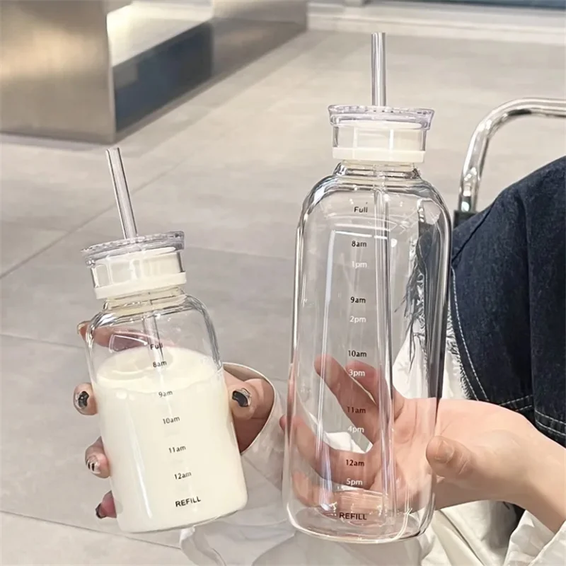 

Milk Time Straw Lid Tea With Cup Scale Transparent Bottle 350/550/750ml Bottles Water Coffee Travel Glass Leakproof Mug Drink