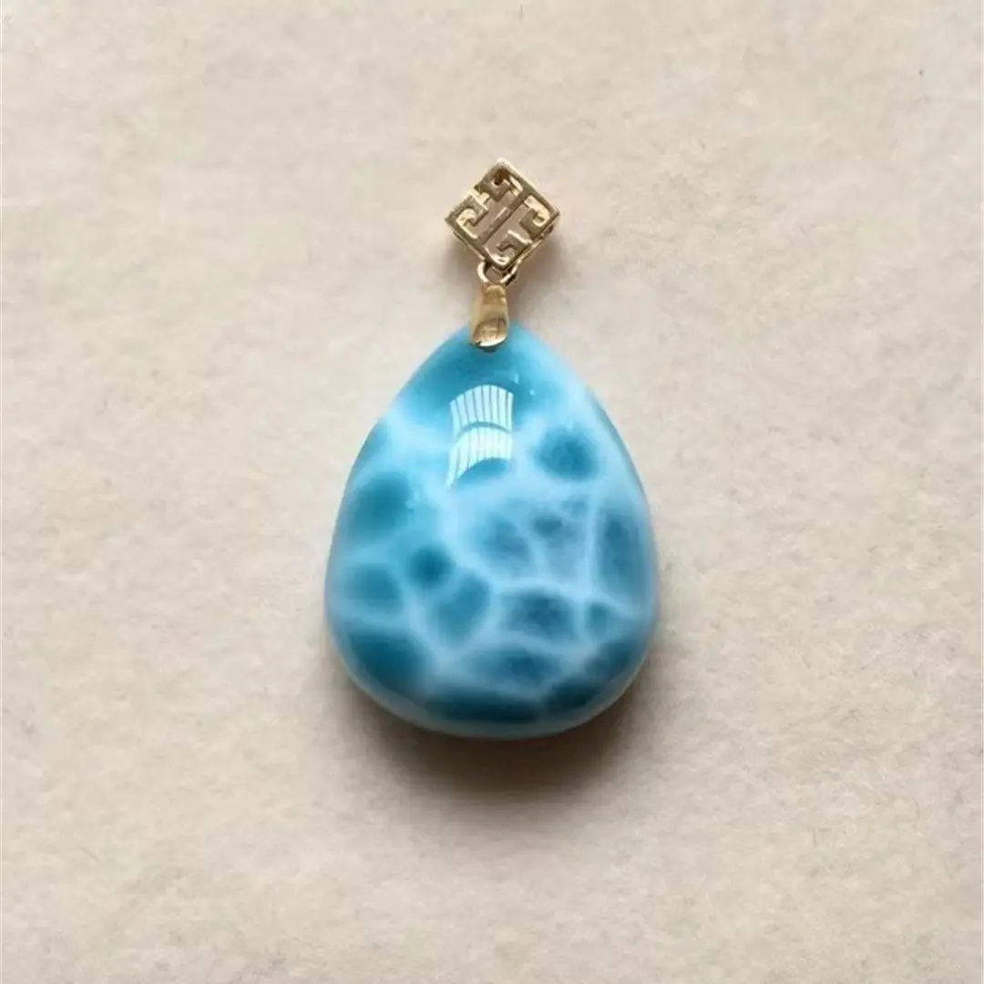 

Natural Blue Larimar Pendant Jewelry Women Lady Men Healing Crystal 25x19x9mm Beads 18K Gold Dominica Water Pattern Stone AAAAA