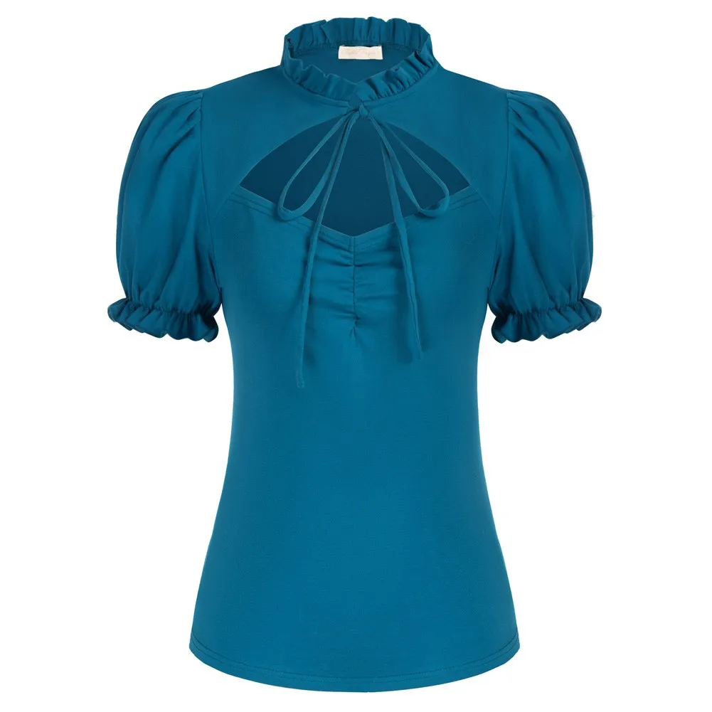 

Женский винтажный топ с воротником-стойкой, коротким рукавом и рюшами