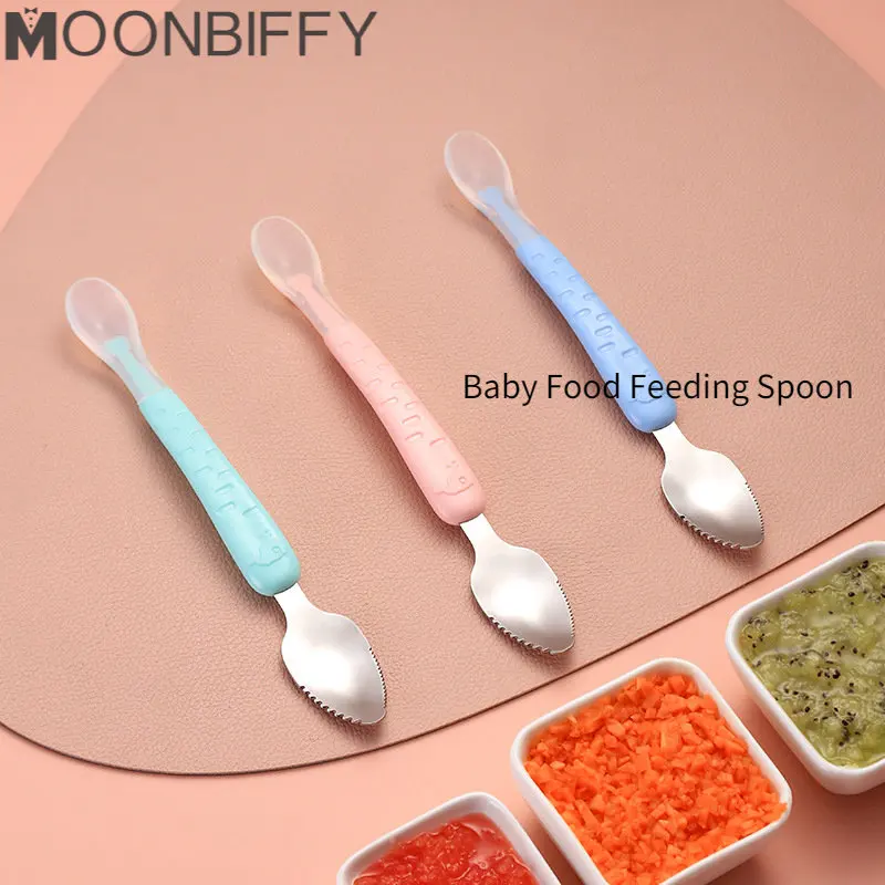 

Baby Food Feeding Spoon Stainless Steel Scraping Silicone Soft Spoon Infant Tableware Utensil With Box Children Toddler Cutlery