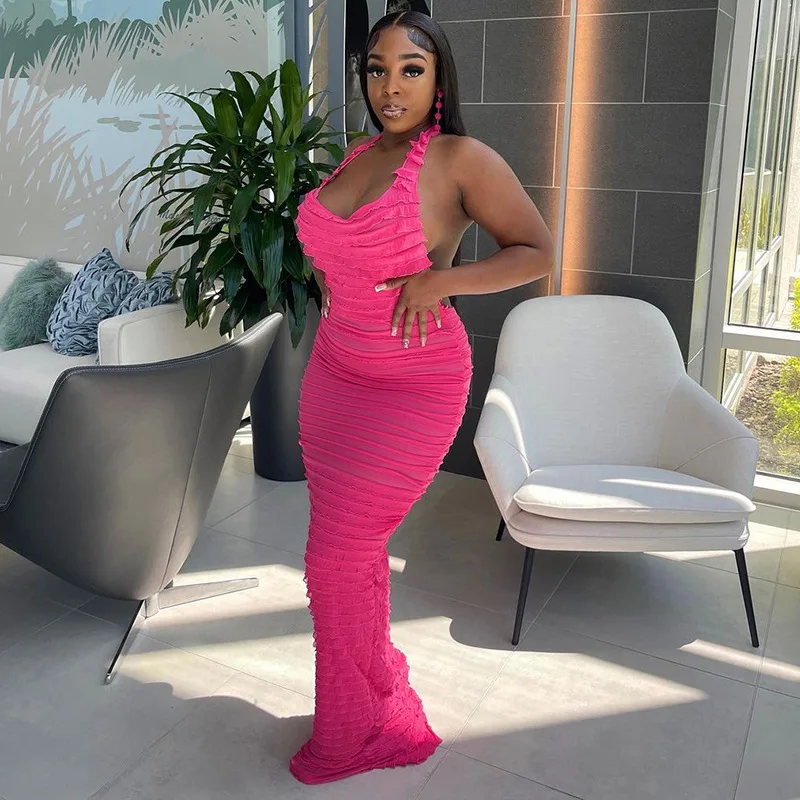 

Fashion Sexy Shoulder Halter Maxi Dress Summer Beach Clothing Y2K Streetwear Bandage Night Club Backless Party Slim Long Dresses