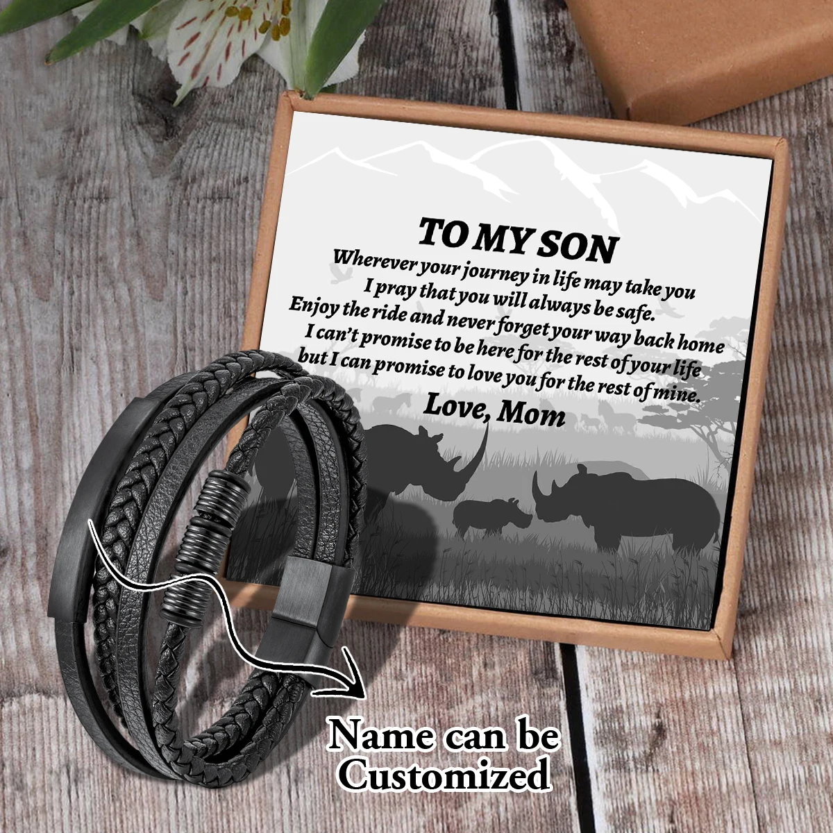 

Saj3007 Mom To My Son Name Can Be Customized Card text Woven Bracelet Men's Fashion Magnet Clasp Multi-layer Leather Bracelet
