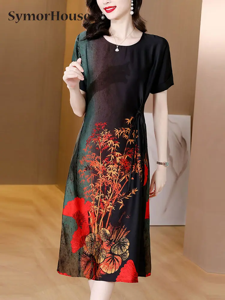 

Summe Vintage Print Mulberry Silk Knee-Length Dress 2022 Fashion Lace-Up O-Neck Chiffon Dresses Elegant Women Bodycon Vestidos