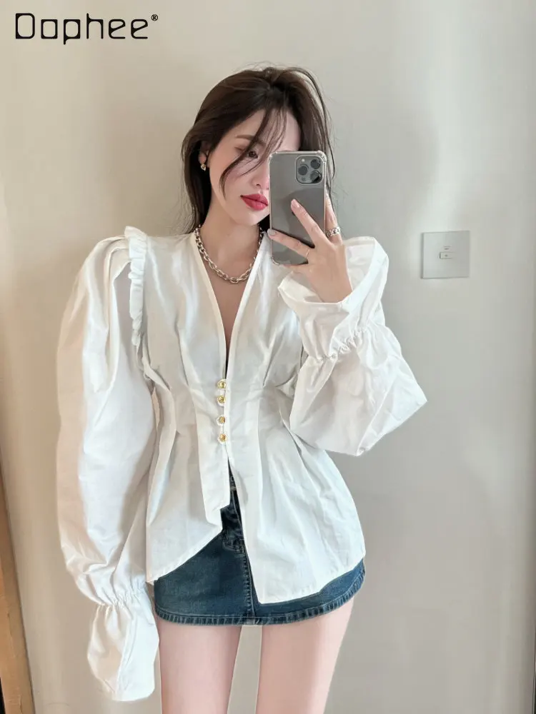 

Белая блузка или Топ для женщин, новинка весны 2023, женская рубашка средней длины, свободная однобортная одежда с V-образным вырезом и длинным...