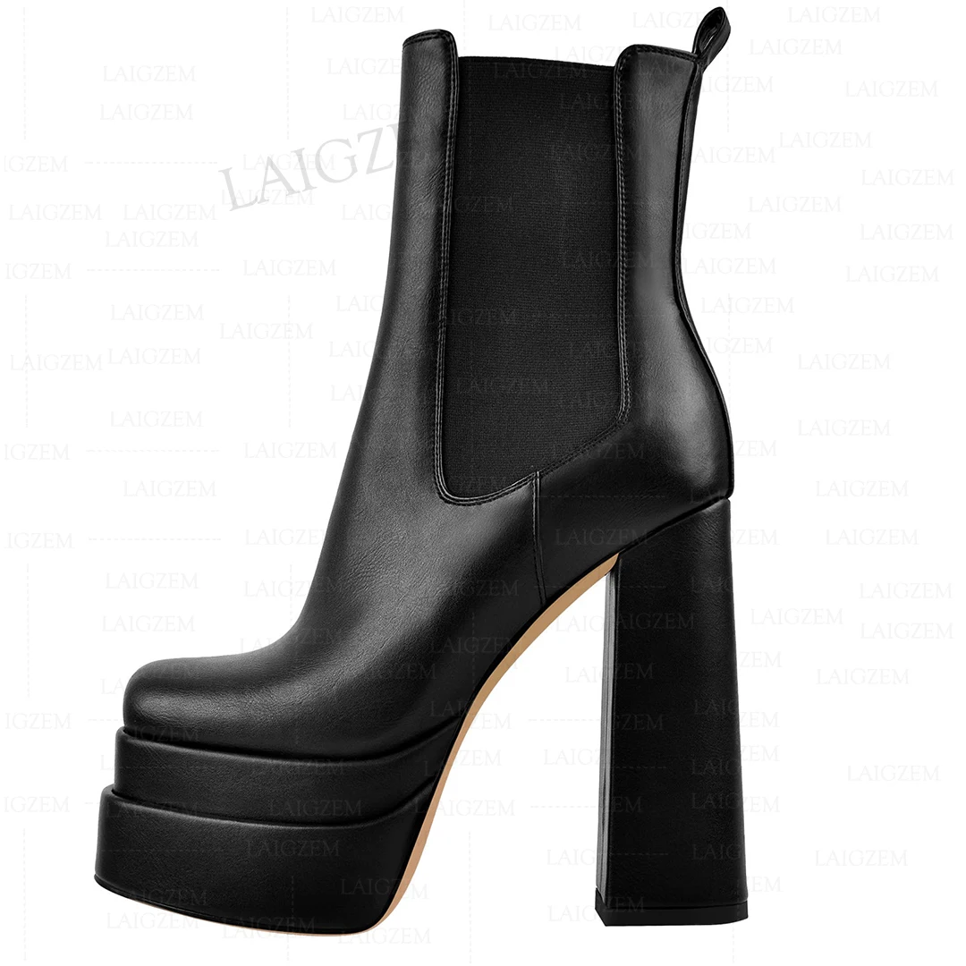 

BERZIMER Women Ankle Boots Faux Leather Square Toe Side Zip Chunky High Heels Short Booties LadiesShoes Woman Plus Size 41 44 46