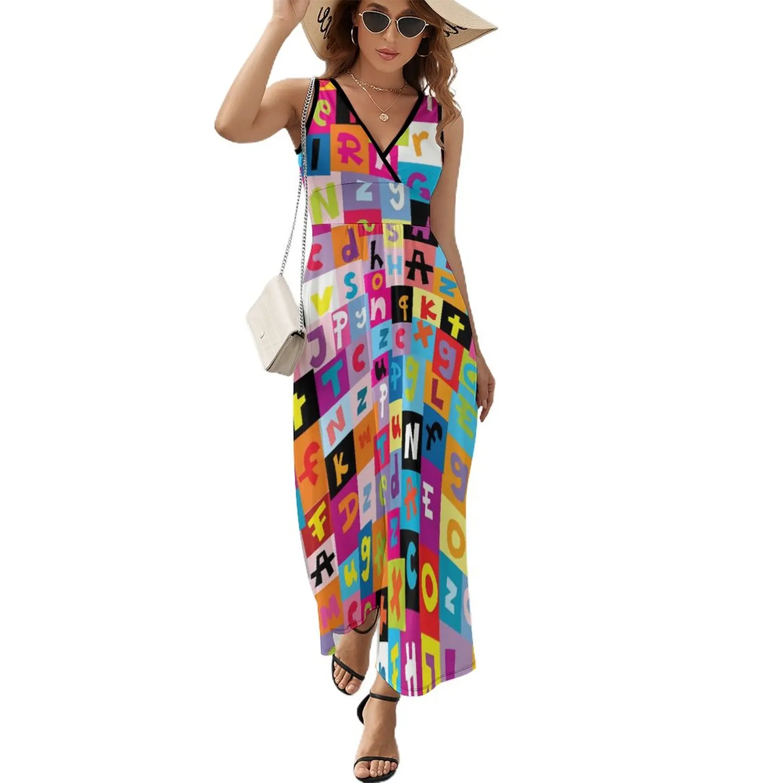 

Cute Letter Print Dress Womens Jumble Alphabet Club Maxi Dress V Neck High Waist Street Fashion Graphic Boho Beach Long Dresses