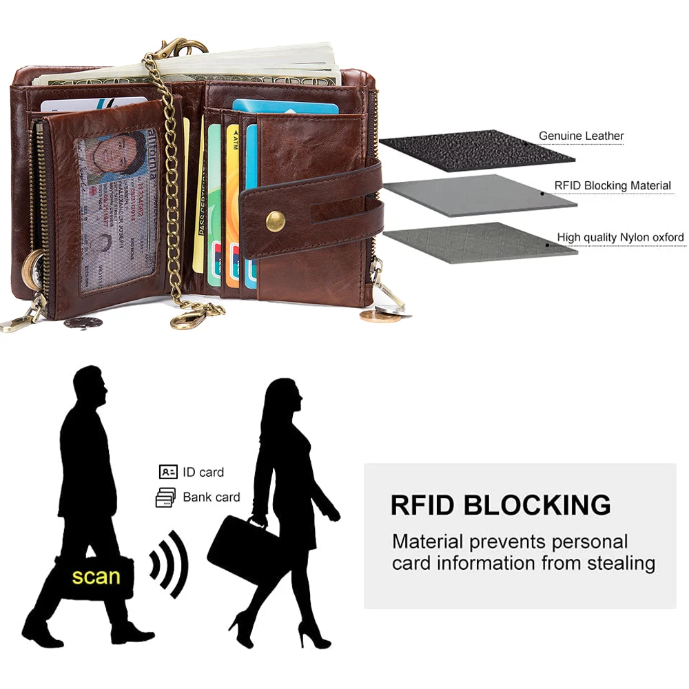 Мужской кошелек MVA с цепочкой из натуральной кожи двойной складной бумажник на