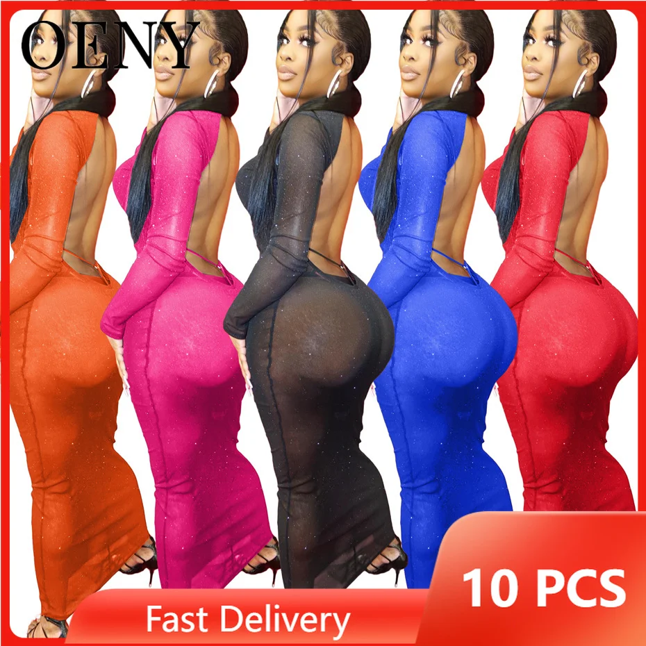 

Elegant Long Sleeves Stand Collar Mesh Perspective Backless Sexy Ankle-length Women's Dress 2022 Wholesale Items Bulk Lots O9077