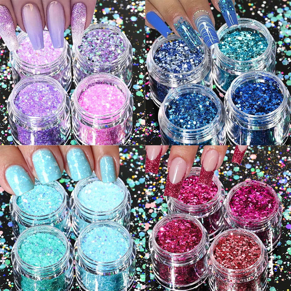 

4Jar/Set Holographic Nail Glitter Powder Sparkling Hexagons Mix Flakes Sequins Gel Charms Chrome Pigment DIY Nail Art Decoration