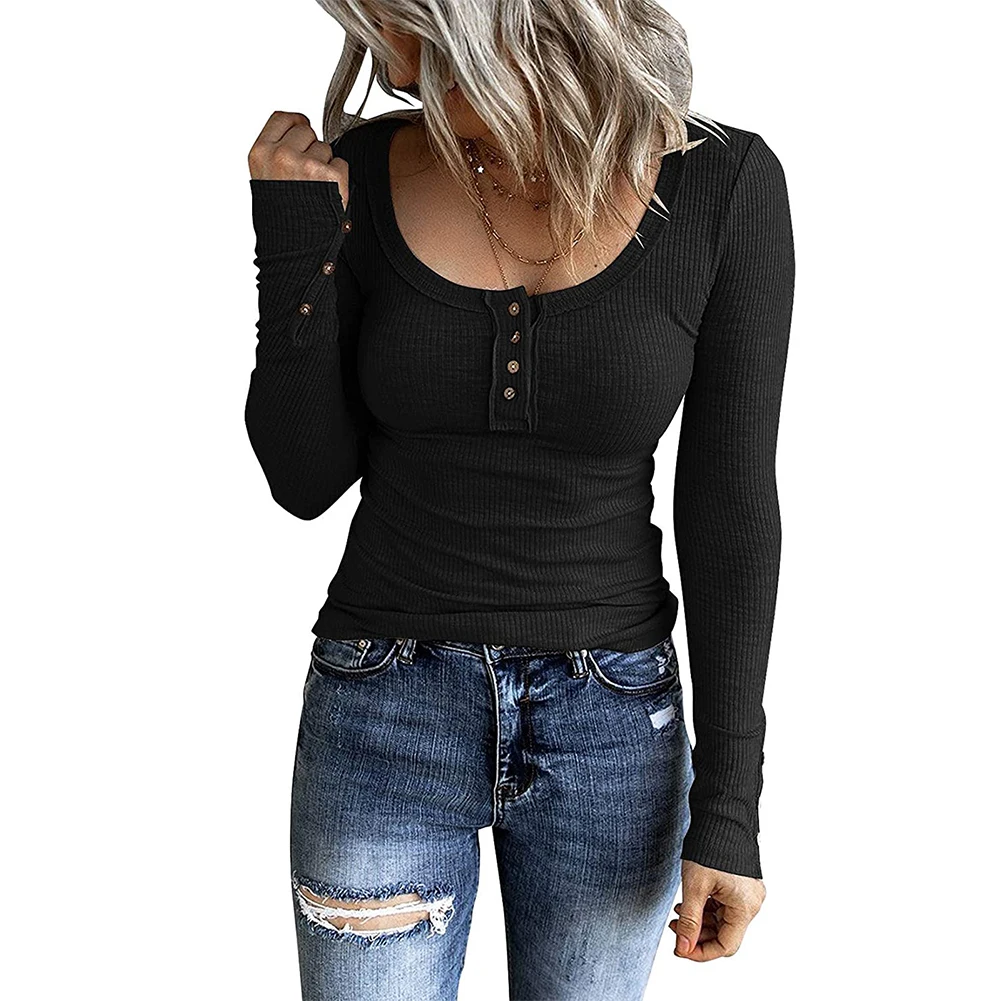 

Women Long Sleeve Henley T Shirts Button Down Slim Fit Tops Scoop Neck Ribbed High-End Elegant Fashion 2023 New Lady Blouses