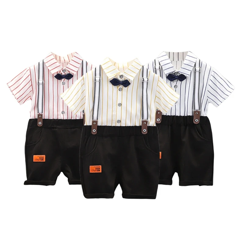 

Kids Boys Striped Shirt + Straps Shorts Baby Boy Clothing Sets Short-sleeved Genetleman Suit 1-4 Years For Child